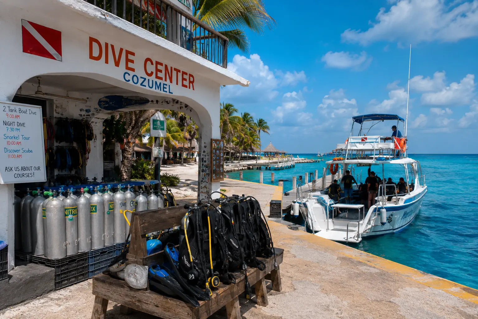 Wide-angle view of real Cozumel dive boats and divers at the coral reef, preparing to dive in clear Caribbean water on a sunny day.