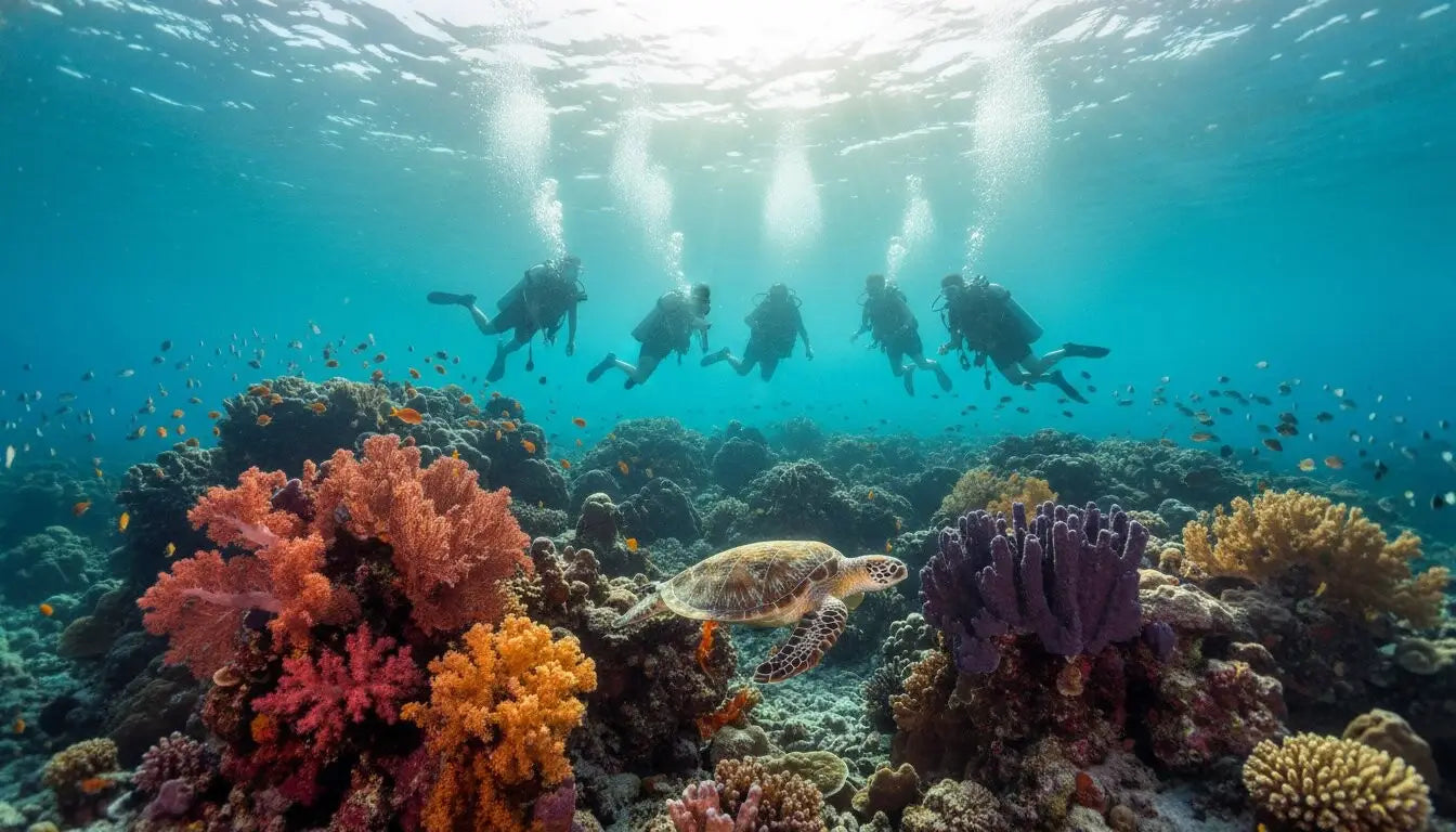 Shallow Cozumel reef in bright sunlight with long bottom times