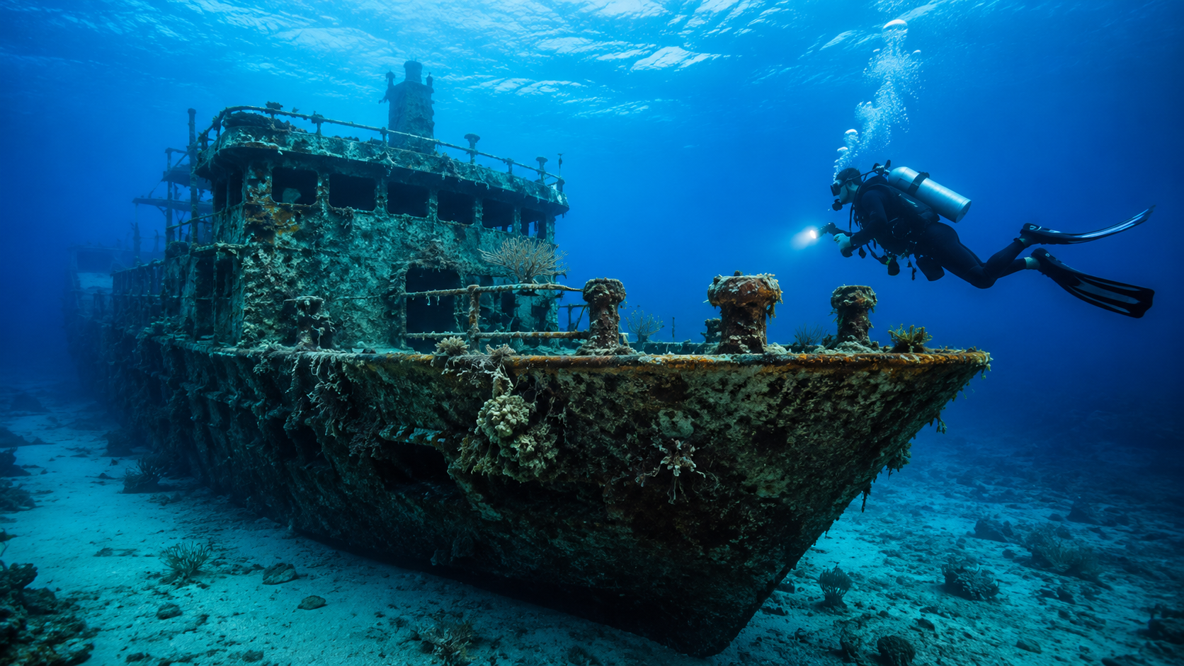 Cozumel C-53 wreck dive with scuba diver exploring a sunken ship