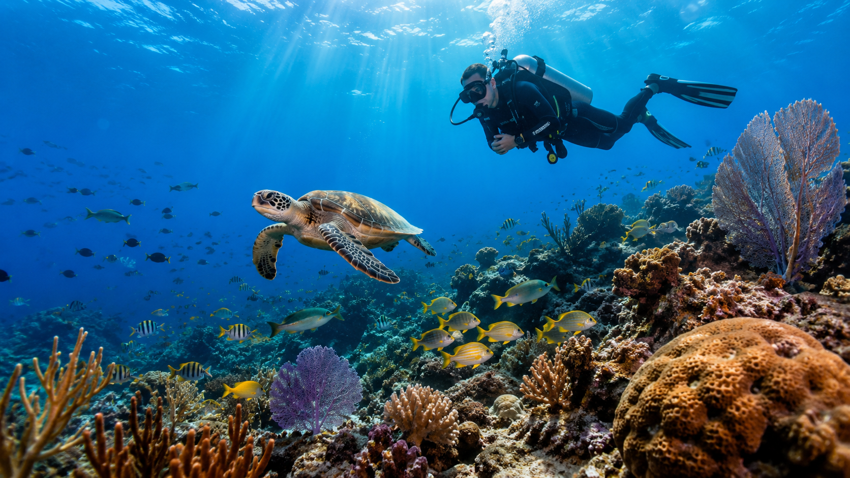 Cozumel coral reef with clear Caribbean water and scuba diving formations