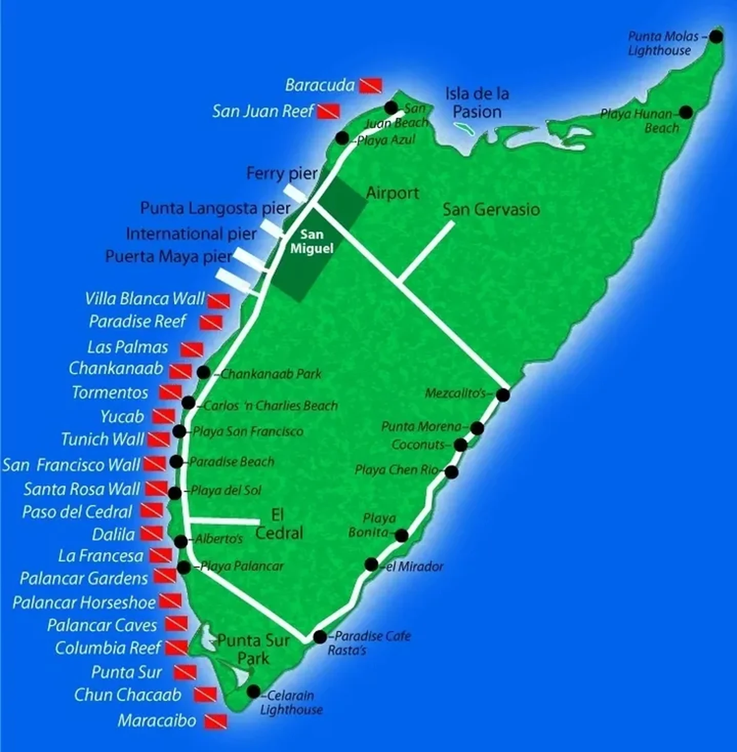 Map of Cozumel dive sites showing reef locations along the west coast
