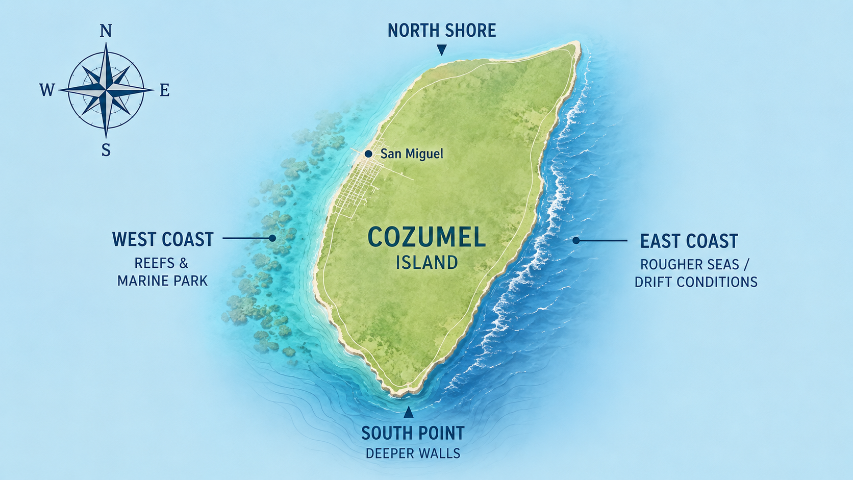 Map-style overview of Cozumel island showing the main travel and diving areas