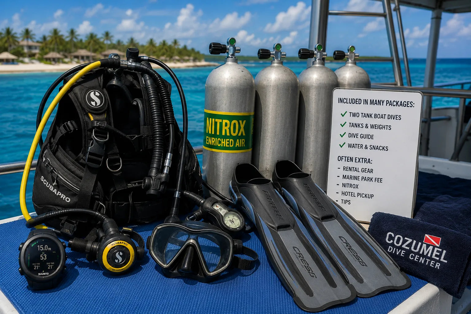 Scuba gear rental equipment and Nitrox options for Cozumel diving packages