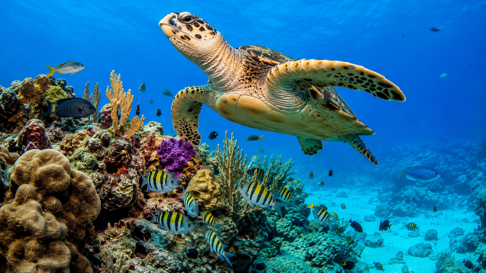 Sea turtle and colorful marine life on a Cozumel coral reef