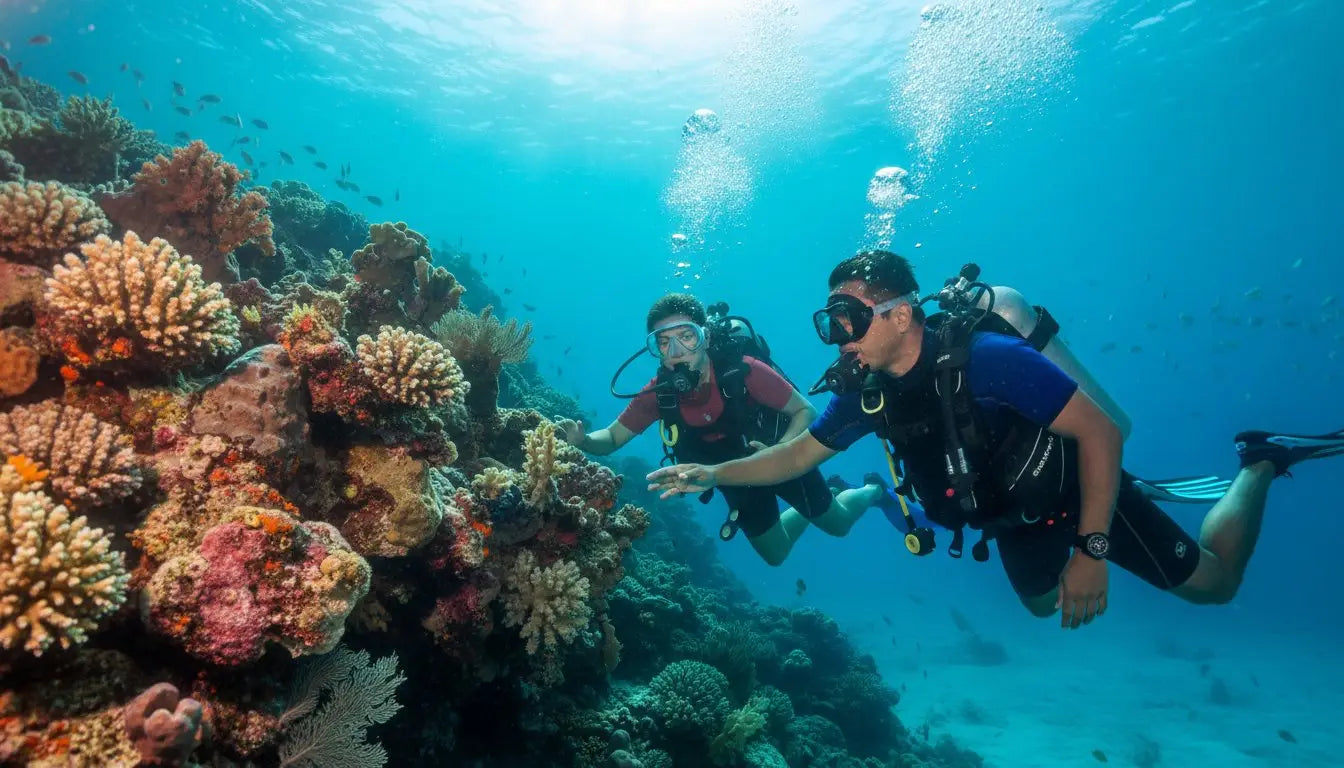 A Cozumel divemaster leading divers along the reef