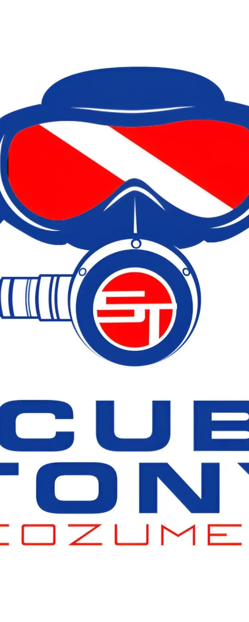 Blue and red scuba diving mask with a circular logo on the regulator.