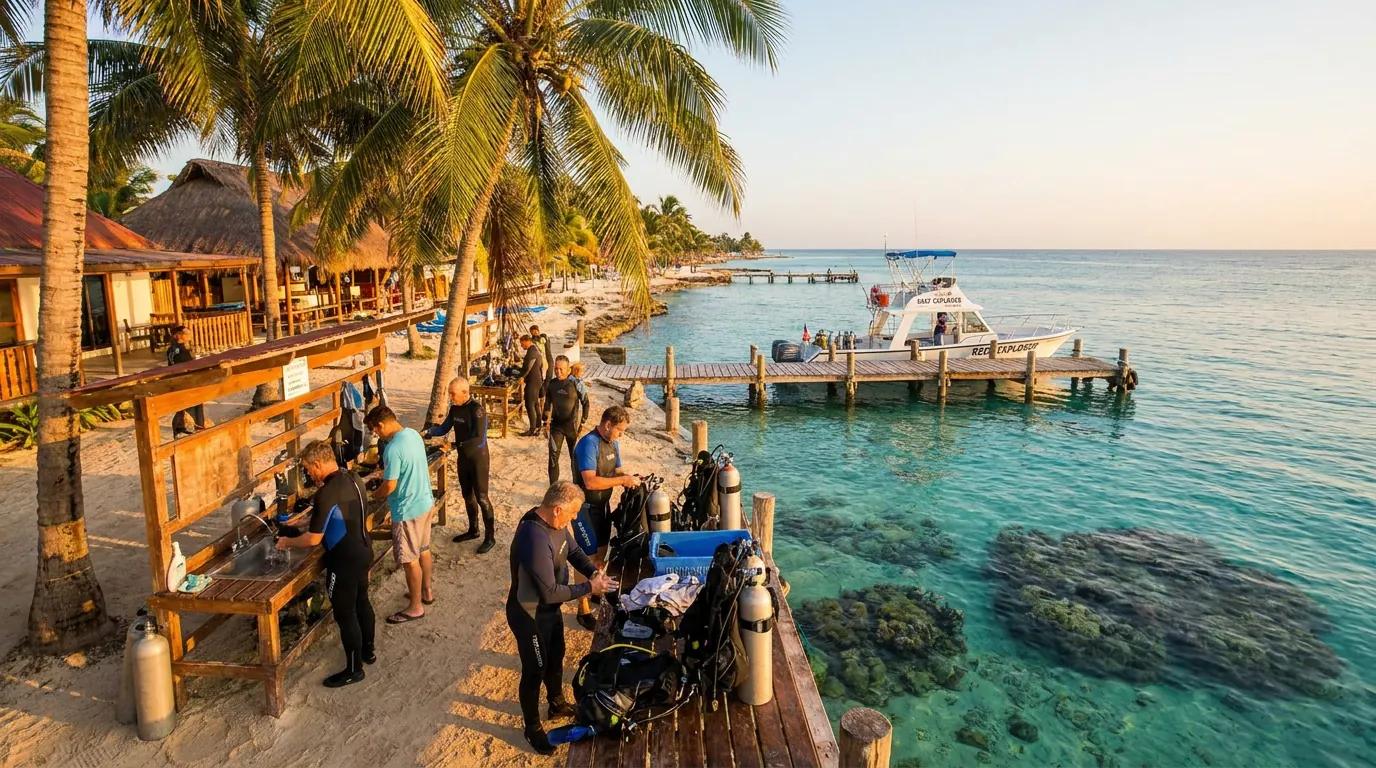 Divers preparing gear at a beachfront Cozumel dive resort with rinse stations and a dive boat, crystal-clear water and reefs visible in the background.