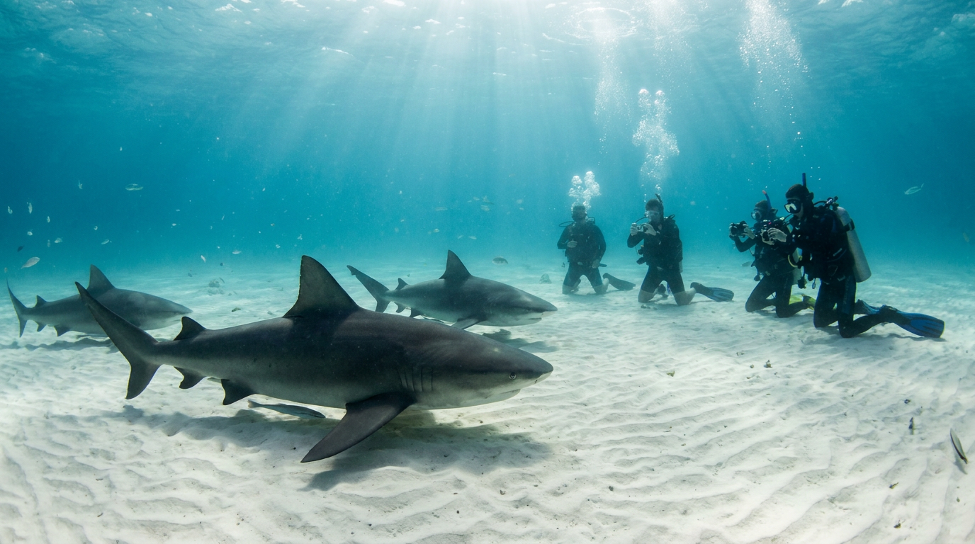 Bull sharks gliding over white sand in clear Caribbean water at Playa del Carmen, observed by divers at a safe distance, under daylight.
