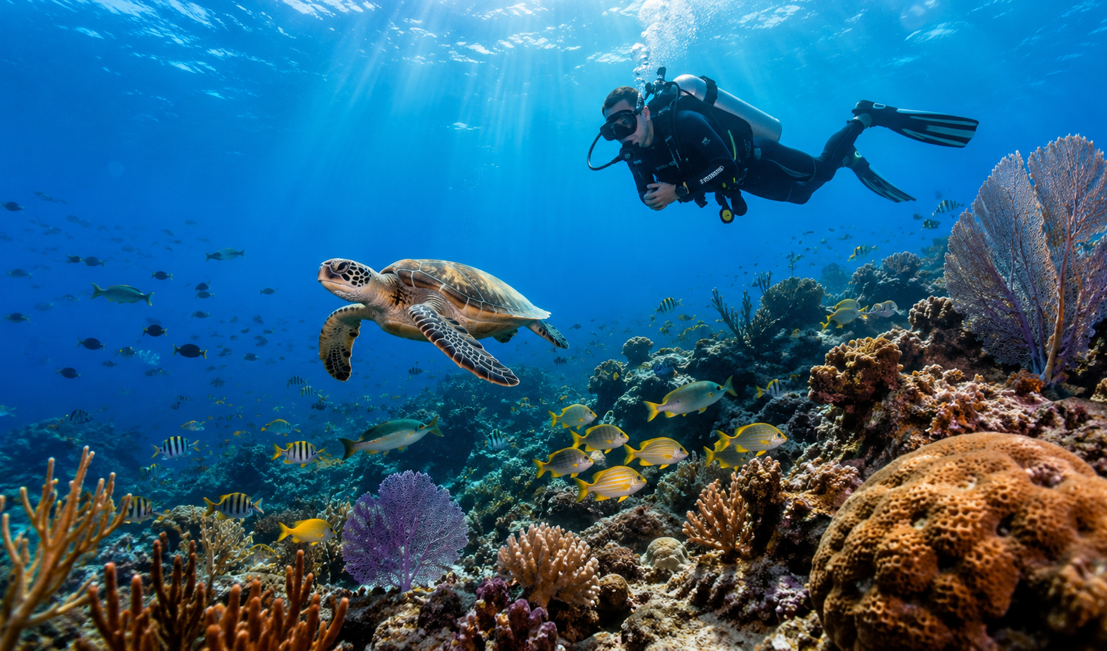 Cozumel coral reef with clear Caribbean water and scuba diving formations