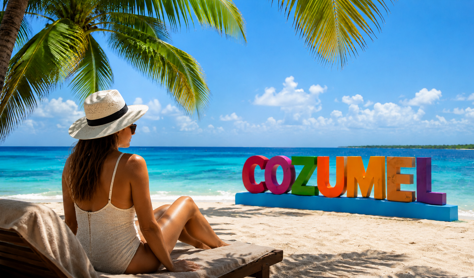 Colourful Cozumel sign on a white sand beach with palm trees and turquoise Caribbean water