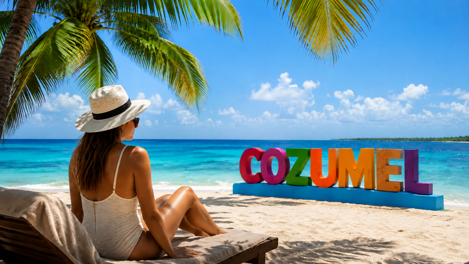Colourful Cozumel sign on a white sand beach with palm trees and turquoise Caribbean water