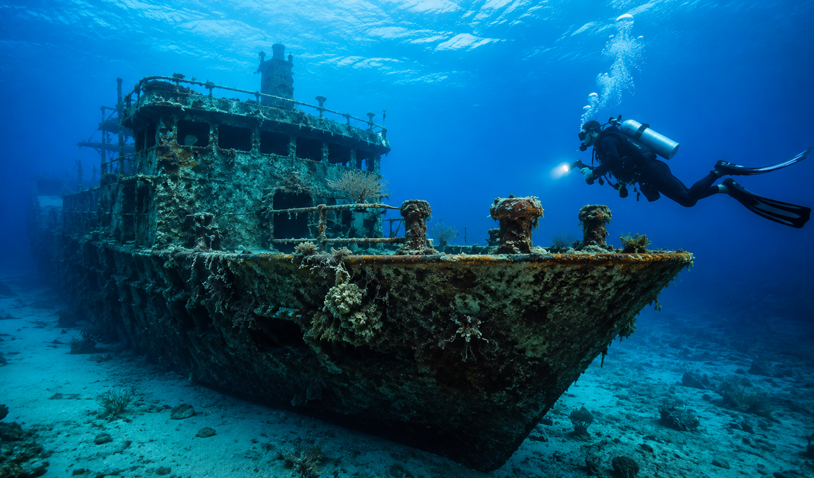 Cozumel wreck dive with scuba diver exploring a sunken ship