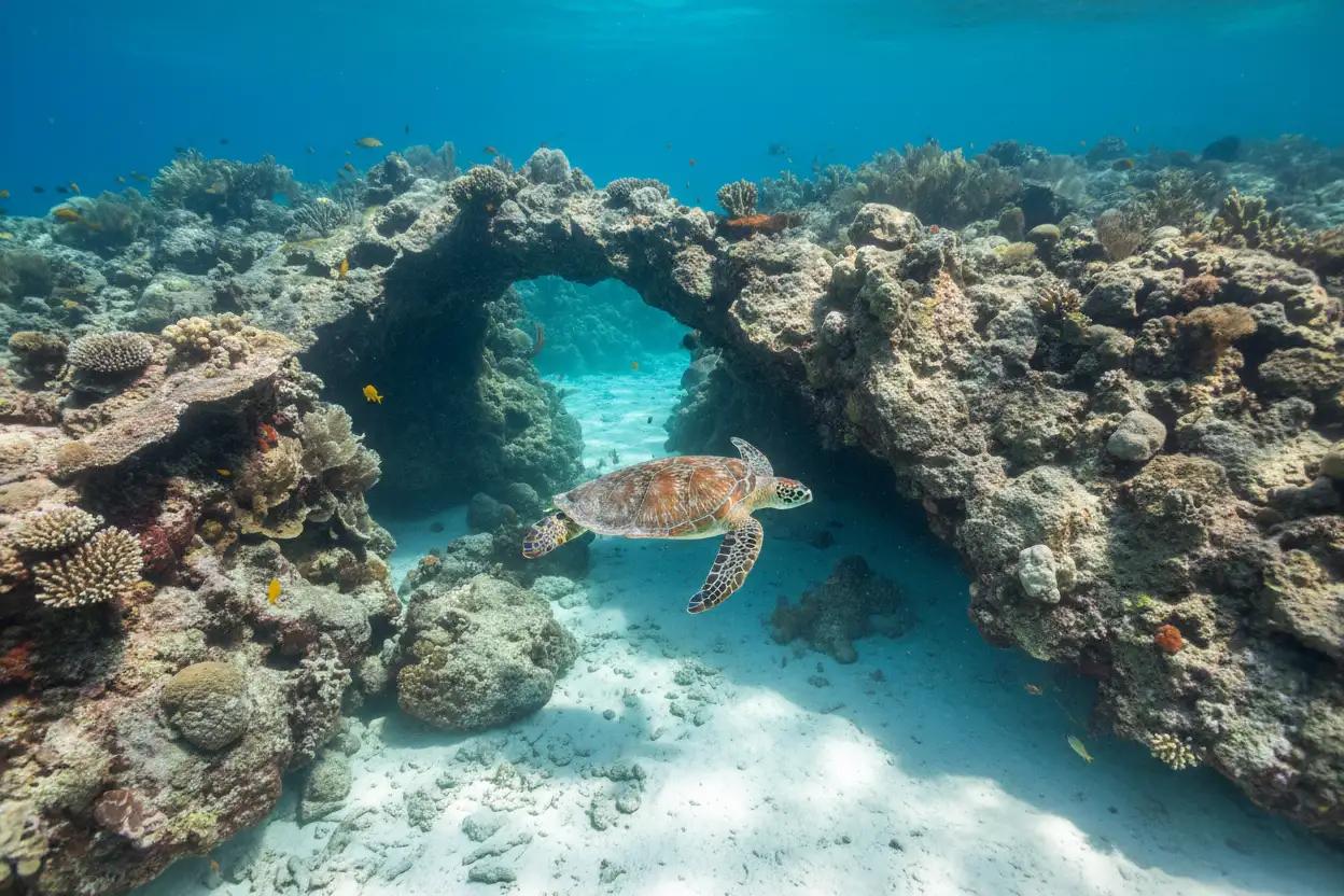 Deep blue Cozumel reef wall with coral and swim-throughs