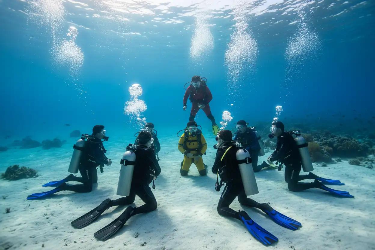 Scuba students practising skills with an instructor in shallow turquoise water