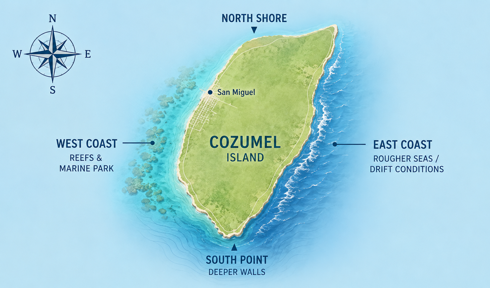 Map-style overview of Cozumel island showing the main travel and diving areas