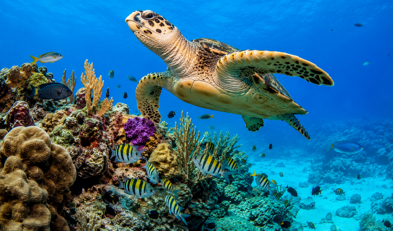 Sea turtle and colorful marine life on a Cozumel coral reef
