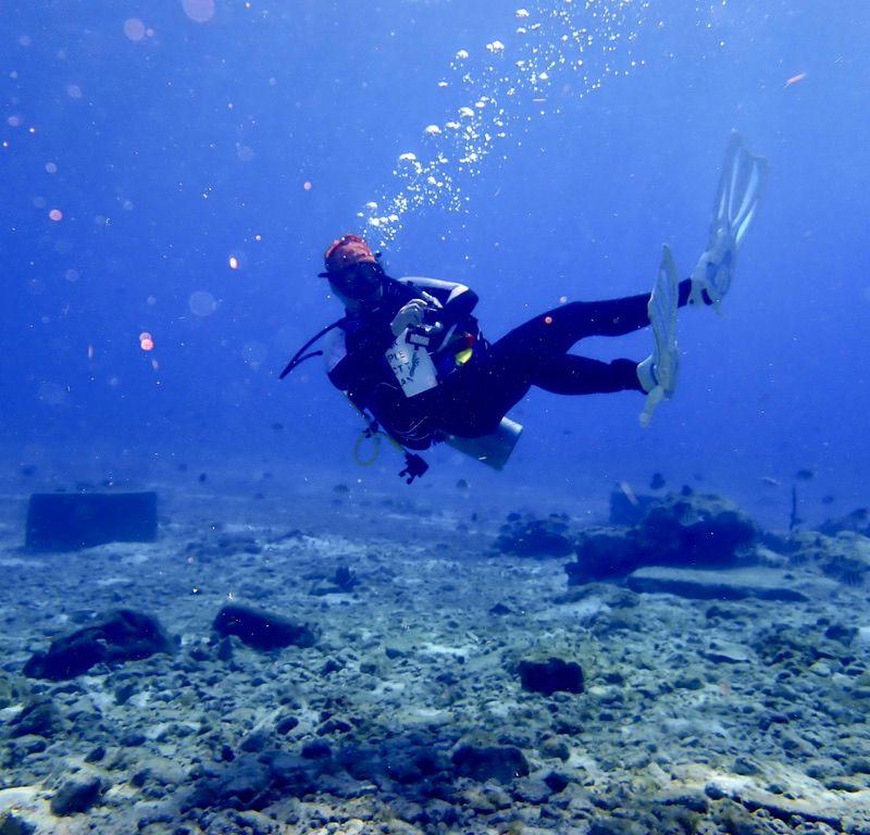 Ana Isabel diving over a Cozumel reef in open blue water