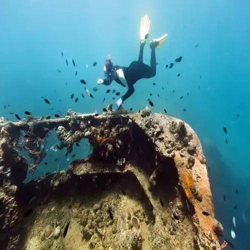 while diving in cozumel A scuba diver in a black wetsuit and yellow fins explores the rusted, coral-covered hull of an underwater shipwreck