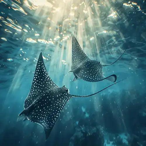 while diving in cozumel Two elegant black-and-white spotted manta rays glide gracefully through the sun-dappled ocean waters